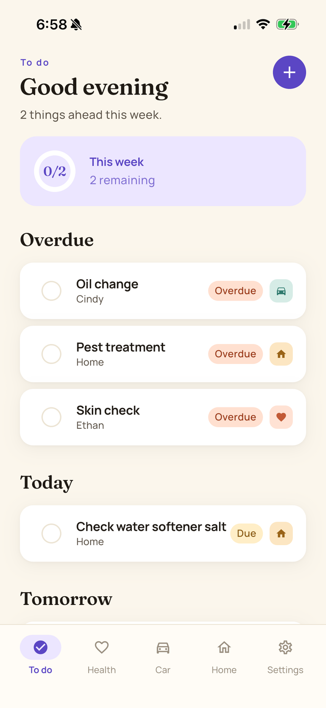 Choreganized task dashboard showing recurring tasks by priority