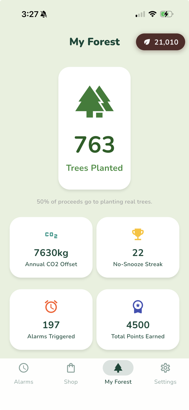 Sprout Alarm set alarm screen with time picker and challenge selection