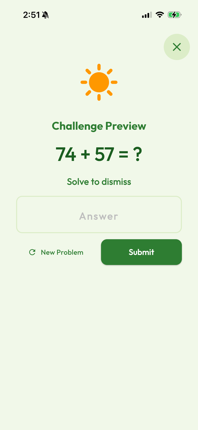 Sprout Alarm wake challenge screen with math problem to dismiss