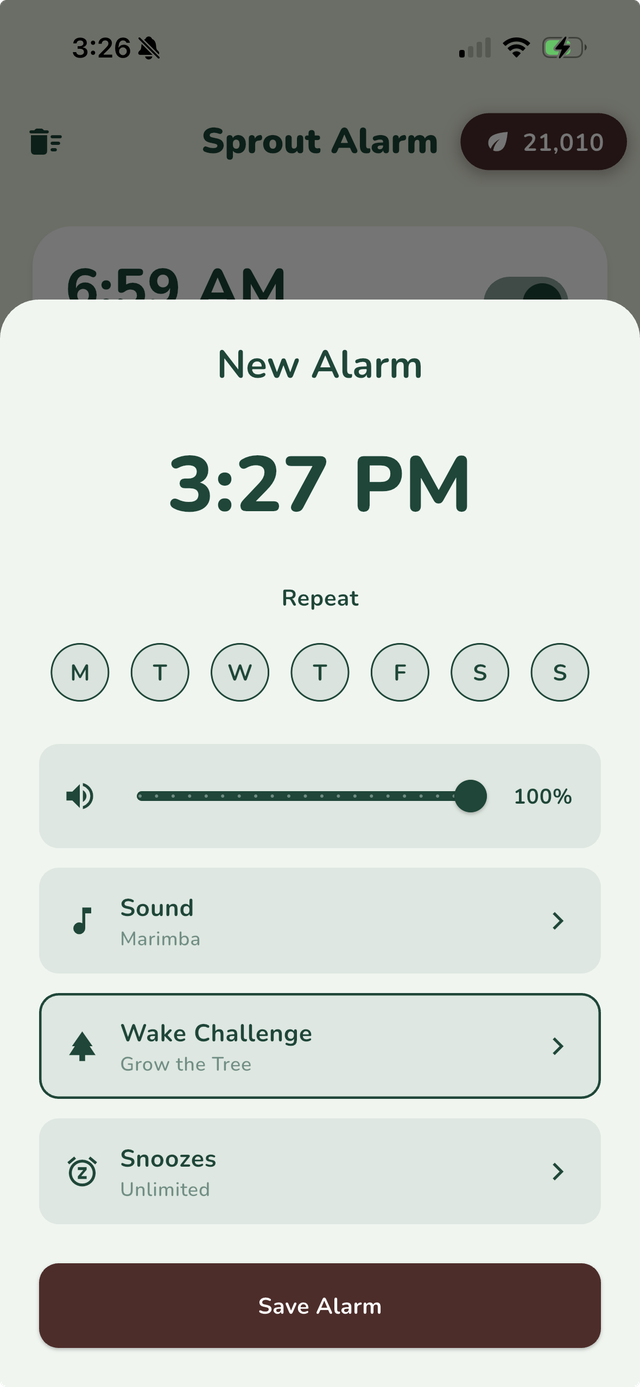 Sprout Alarm impact tracker showing eco points and trees planted
