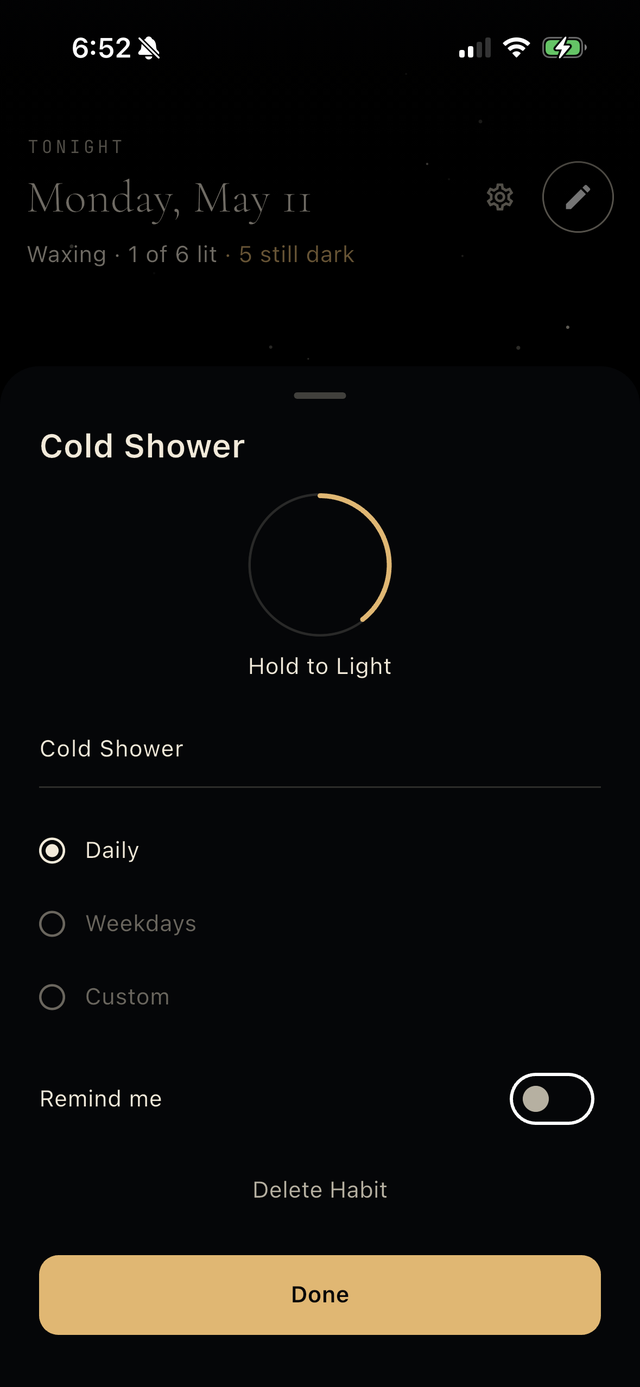 Hold-to-light gesture lighting up a habit star