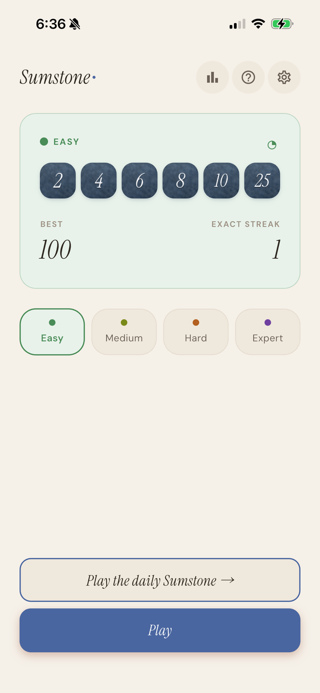 Sumstone difficulty selection screen