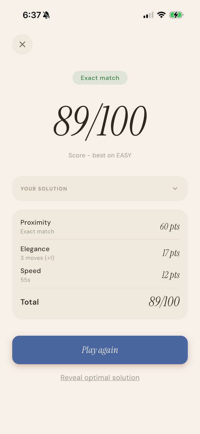 Sumstone results screen showing score and best solution